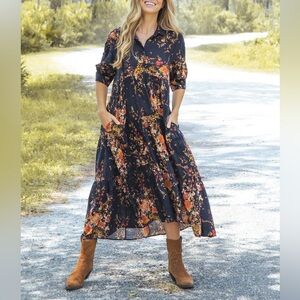 NATURAL LIFE Black Maxi Dress with Orange & Yellow Floral Print